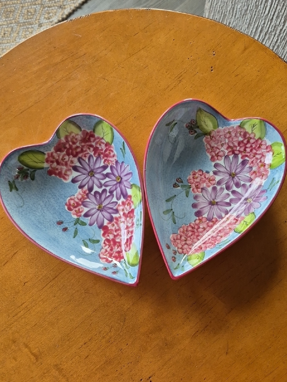 Laurie Gates Heart Shaped Floral Trinket Dishes - Pink & Light Blue